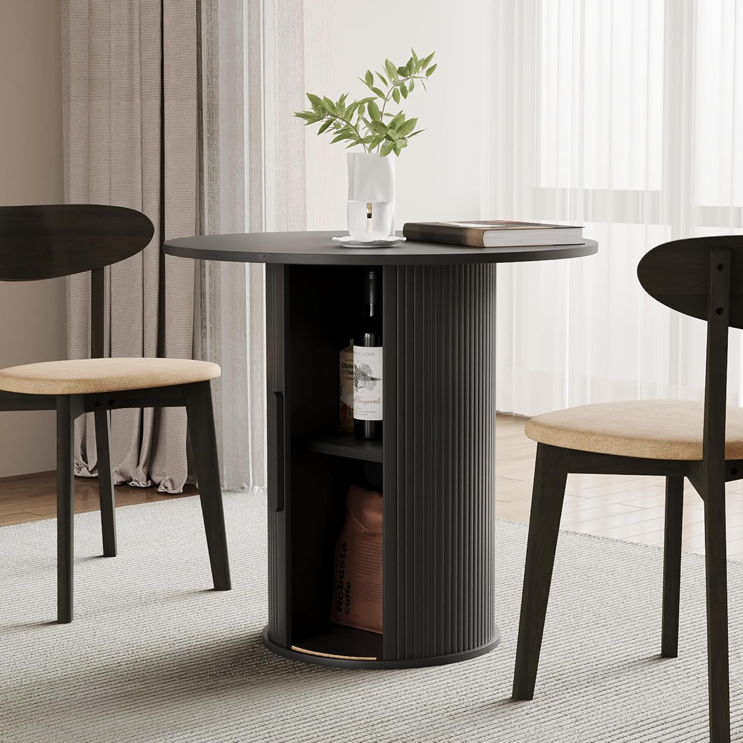 31.5 Round Dining Table for 2-4, Modern Kitchen Table with 2-Tier Storage Shelf, Small Wooden Circle Dining Tables with Fluted Base for Home Dining Room Living Room (Black)