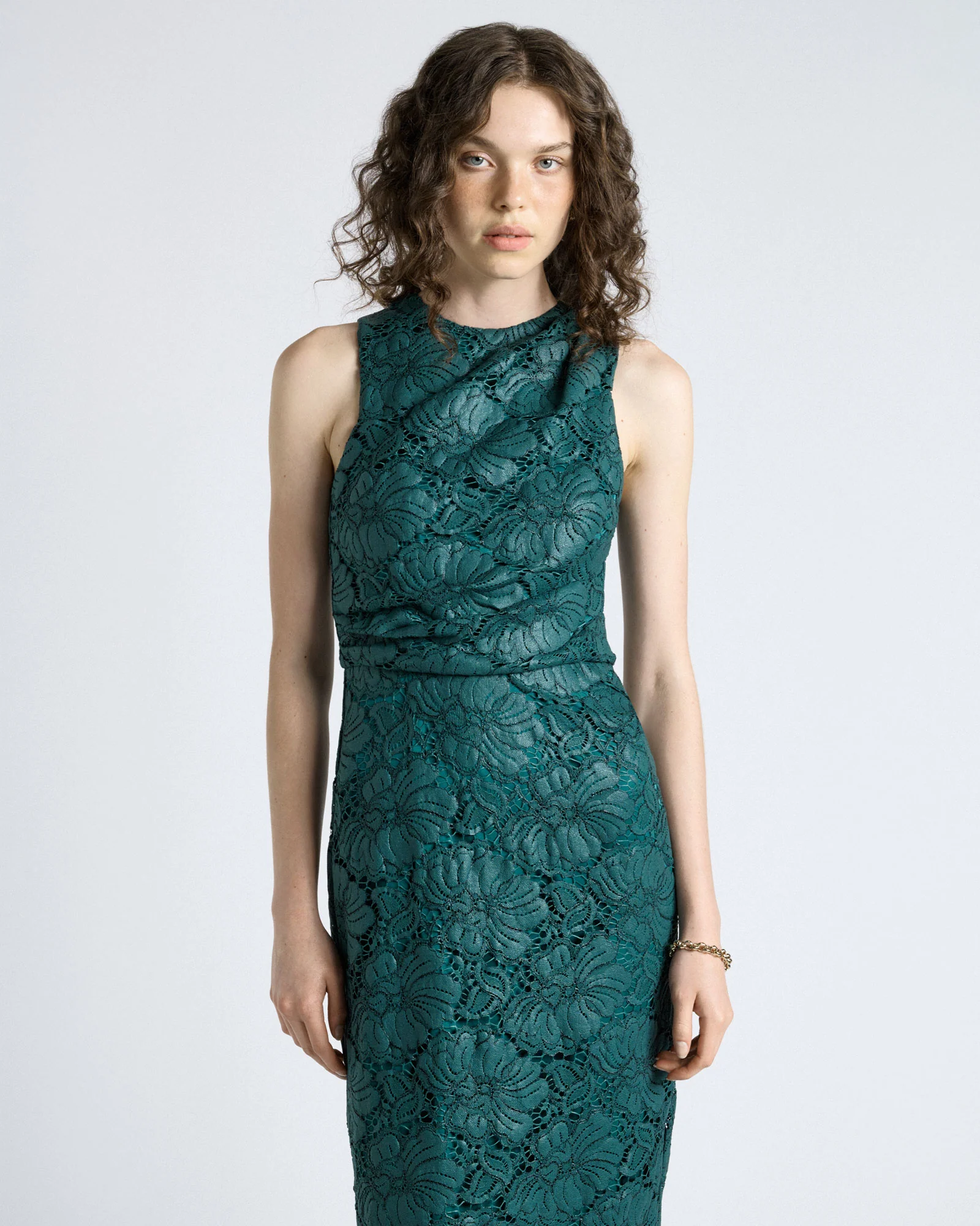 Deep Green European Coated Lace Column Dress