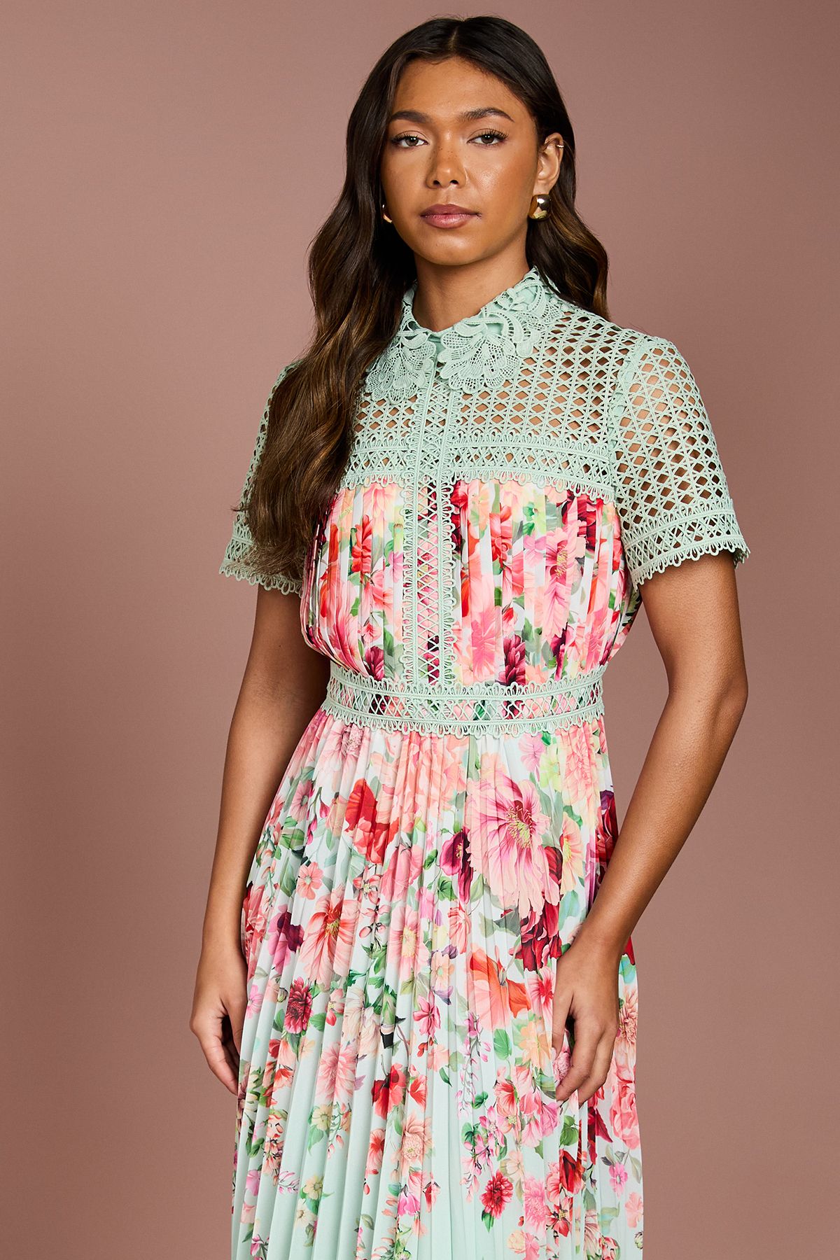 Coast Lisa Tan Lace Pleated Printed Midi Dress