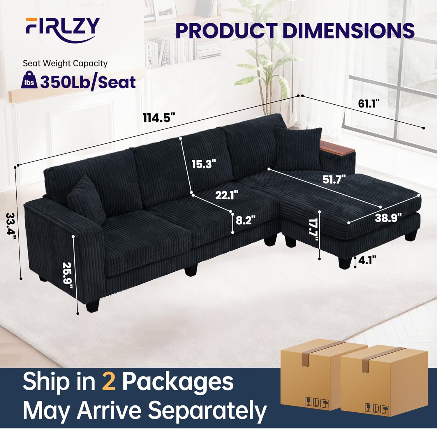 114.5 Corduroy Sectional Sofa with Armrest Storage & Reversible Chaise, Comfy L Shaped Sofa 4 Seat Sectional Couch, Modern Upholstery Couch with Removable Covers, for Living Room, Apartment, Black