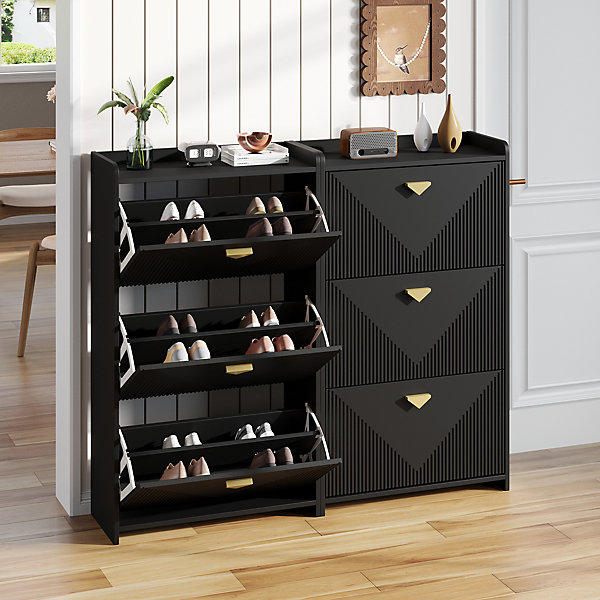 Meuble à Chaussures Lot de 2 - Meuble d'Entrée avec 6 Abattants et étagères Réglables - en MDF - Noir