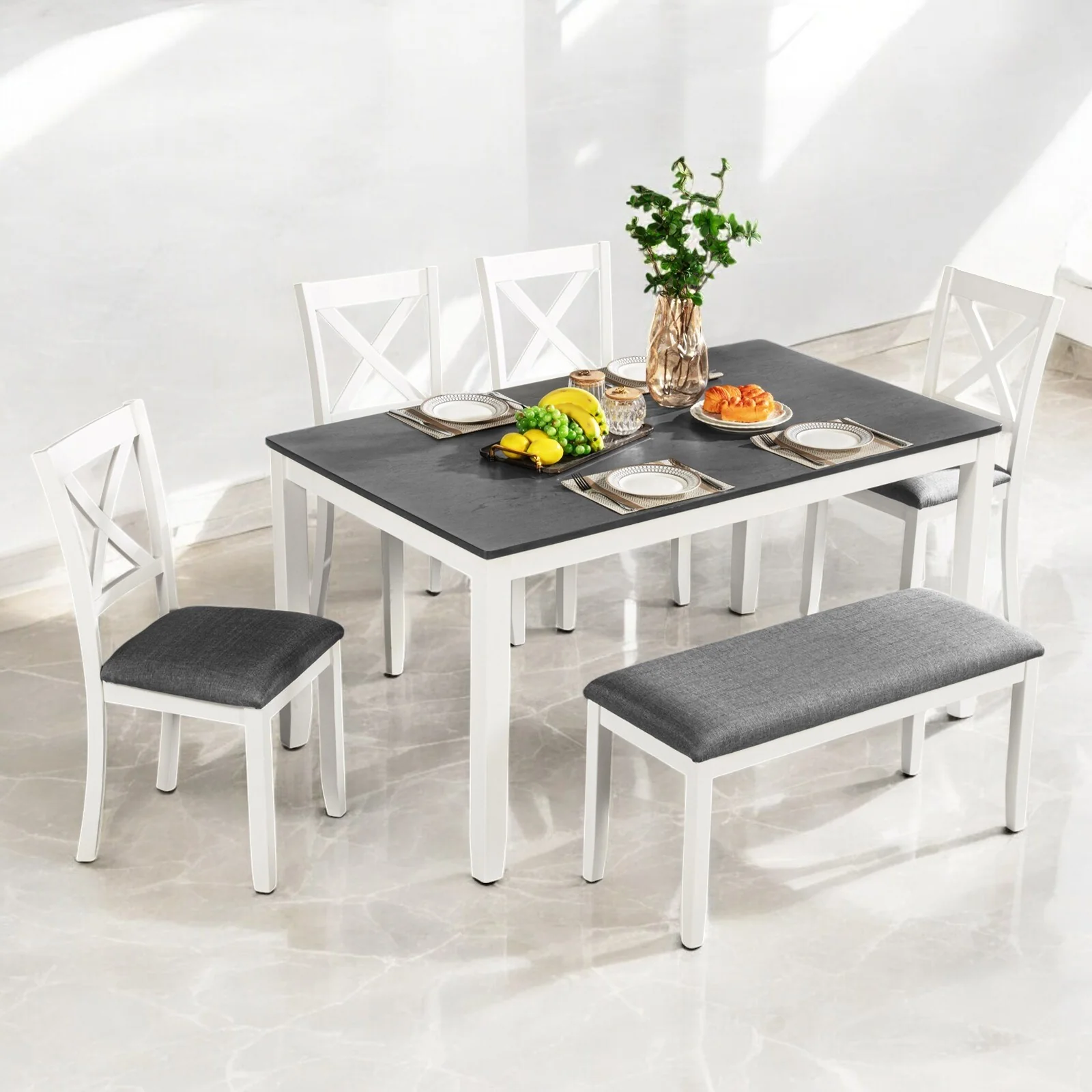 6-Piece Modern Dining Table Set with Bench, Rectangular Wood Table and Upholstered Chairs for Kitchen or Dining Room, Seats 6