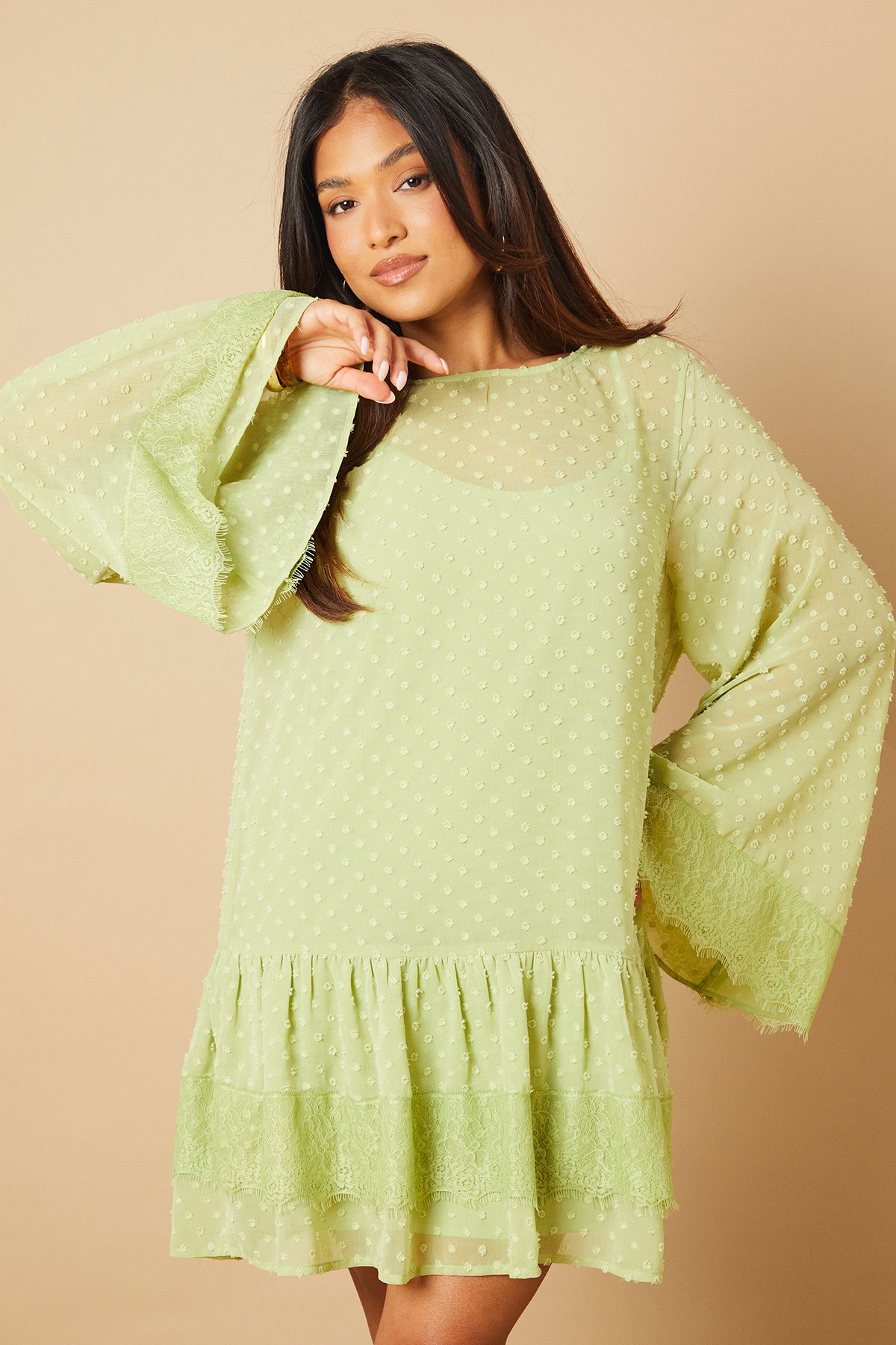 Oasis Petite Bell Sleeve Tiered Mini Dress