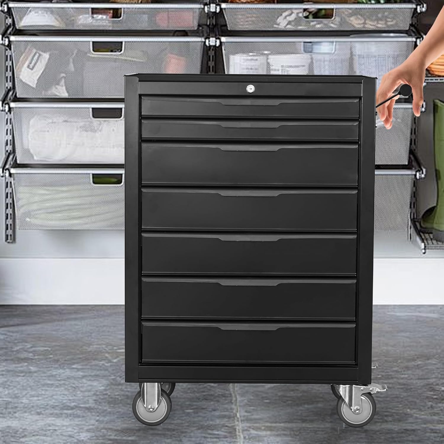 7-Drawer Rolling Tool Chest Cabinet, Large Capacity Metal Tool Box with Wheels and Keyed Locking, Roll Around Storage Organizer Tool Cart for Garage, Warehouse, Work Shop (Black)
