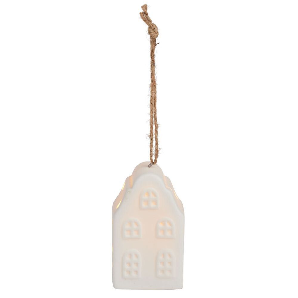 Suspension de No&euml;l lumineuse forme maison céramique blanche 1LED blanc chaud H7,5cm