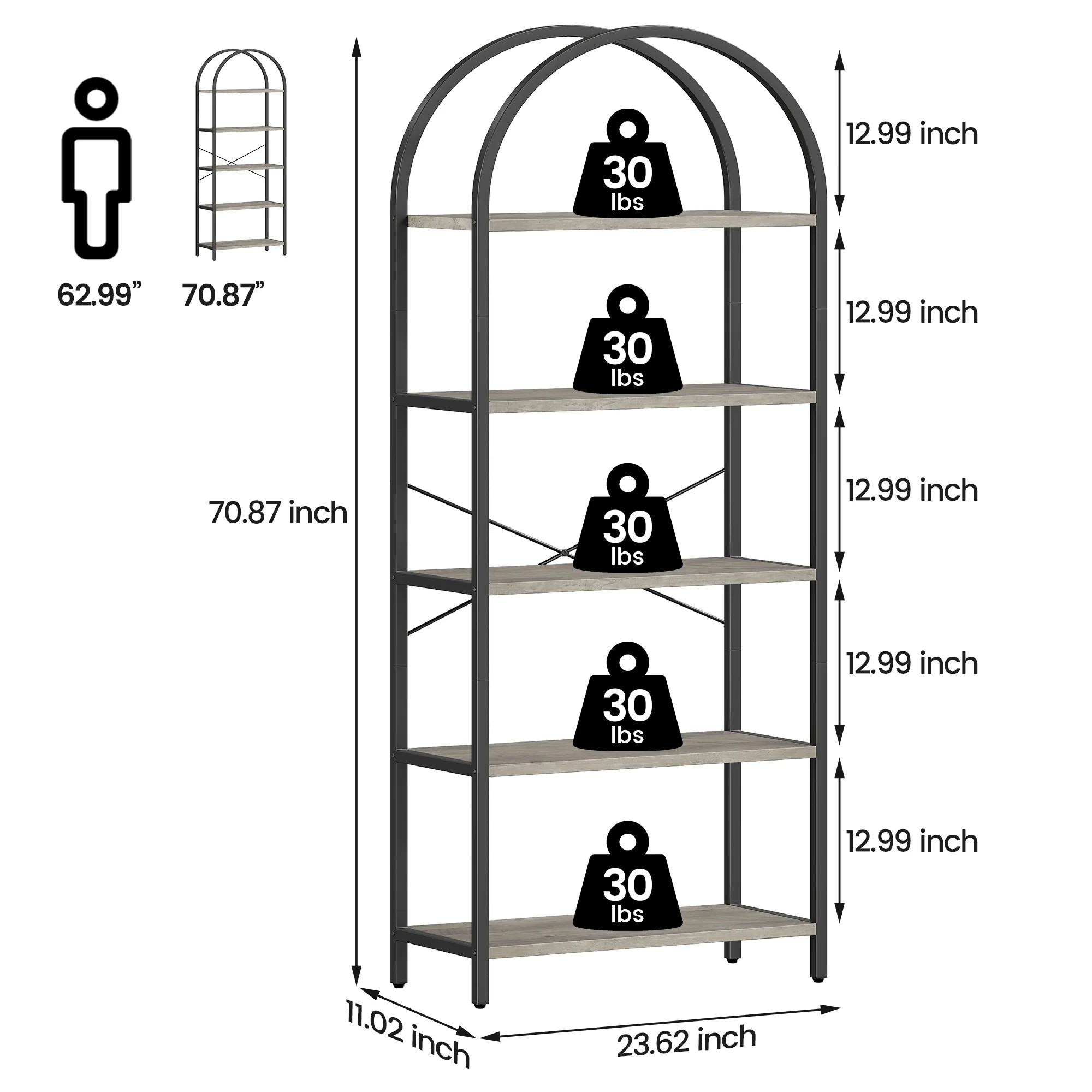 Arched Bookshelf, 5-Tier Open Bookshelf, Modern Bookcase Storage Shelves with Metal Frame