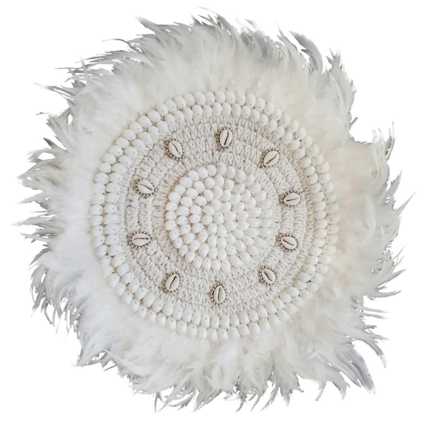 BALIRA - Décoration murale en plumes et coquillages, blanc D40 cm