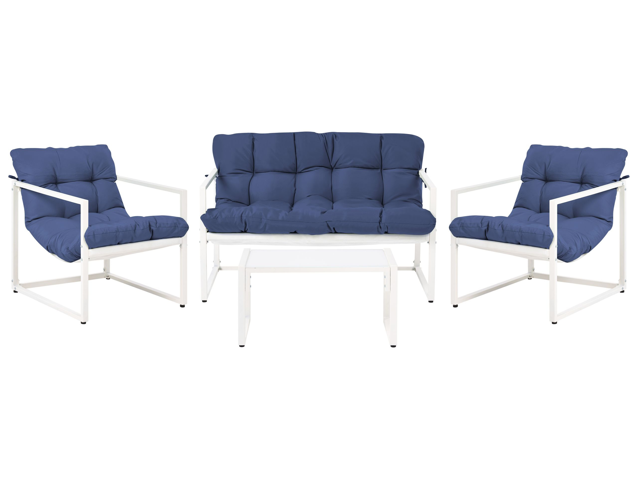 Zestaw ogrodowy sofa dwa fotele stolik kawowy niebieski