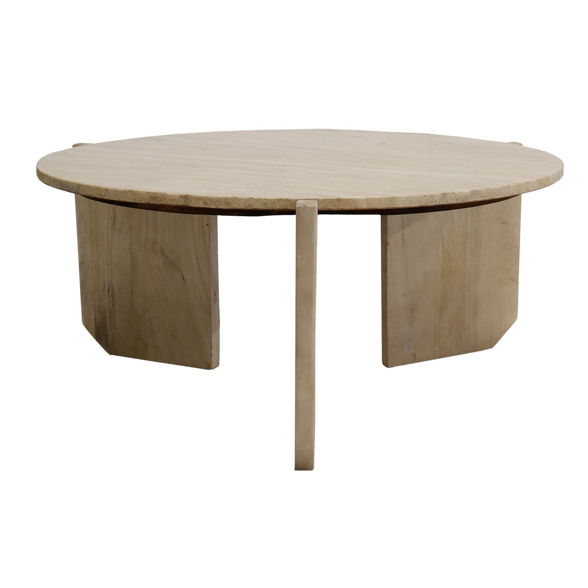Giga Meubel Salontafel Simon Rond - Travertin/Hout - Bruin - 80x80x36cm