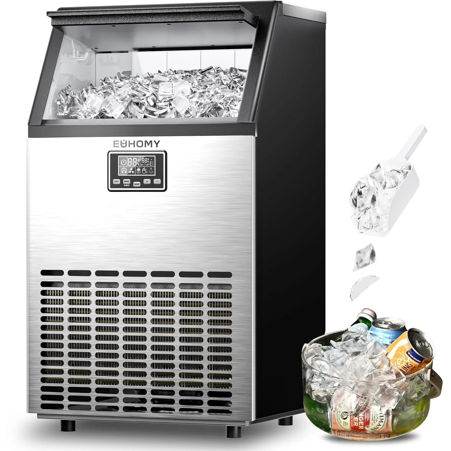 Commercial Ice Maker Machine, 100lbs/24H Stainless Steel Under Counter ice Machine with 33lbs Ice Storage Capacity, Freestanding Ice Maker.(200lbs/24H)
