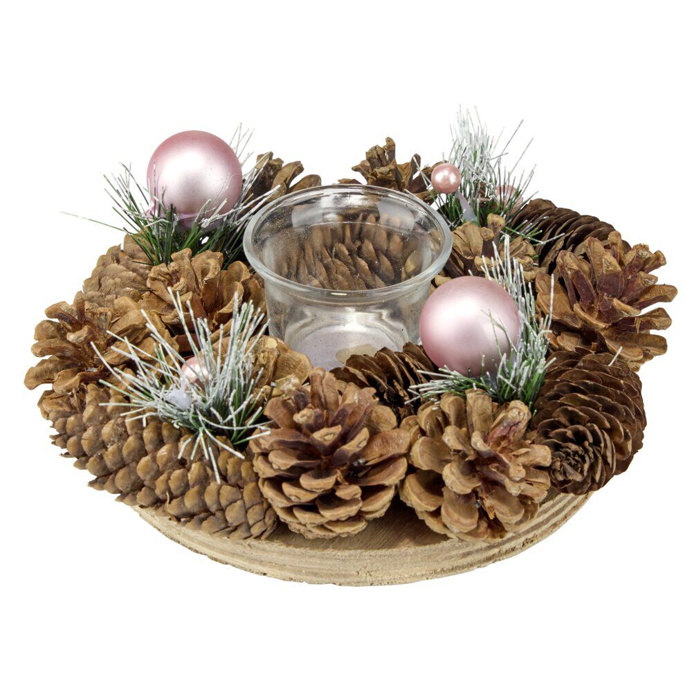 Bougeoir rond décoration pin et boules de No&euml;l L19X19XH9 cm bois et verre