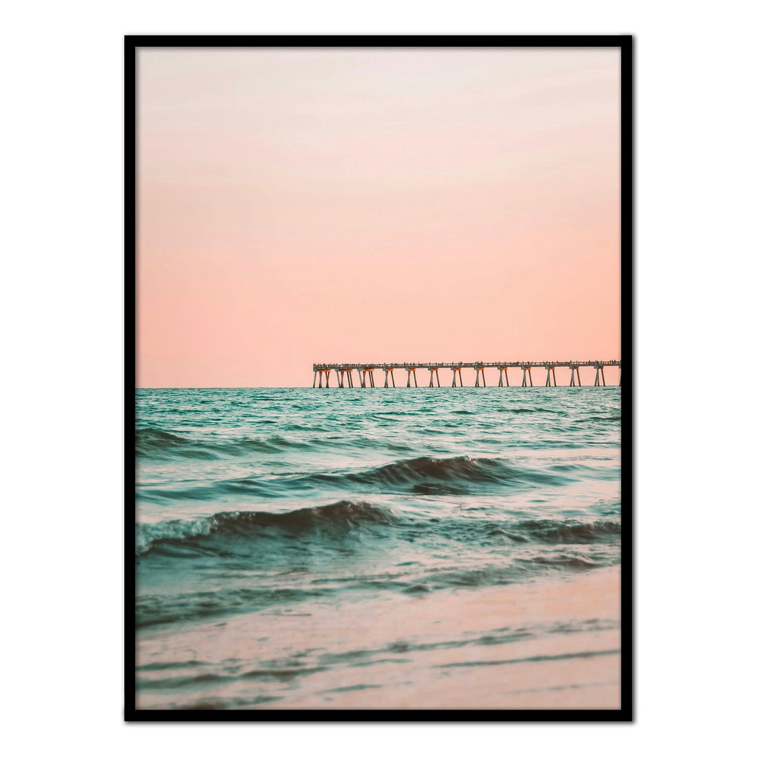 MAR - Affiche avec cadre noir - Jetée au coucher du soleil - 50x70