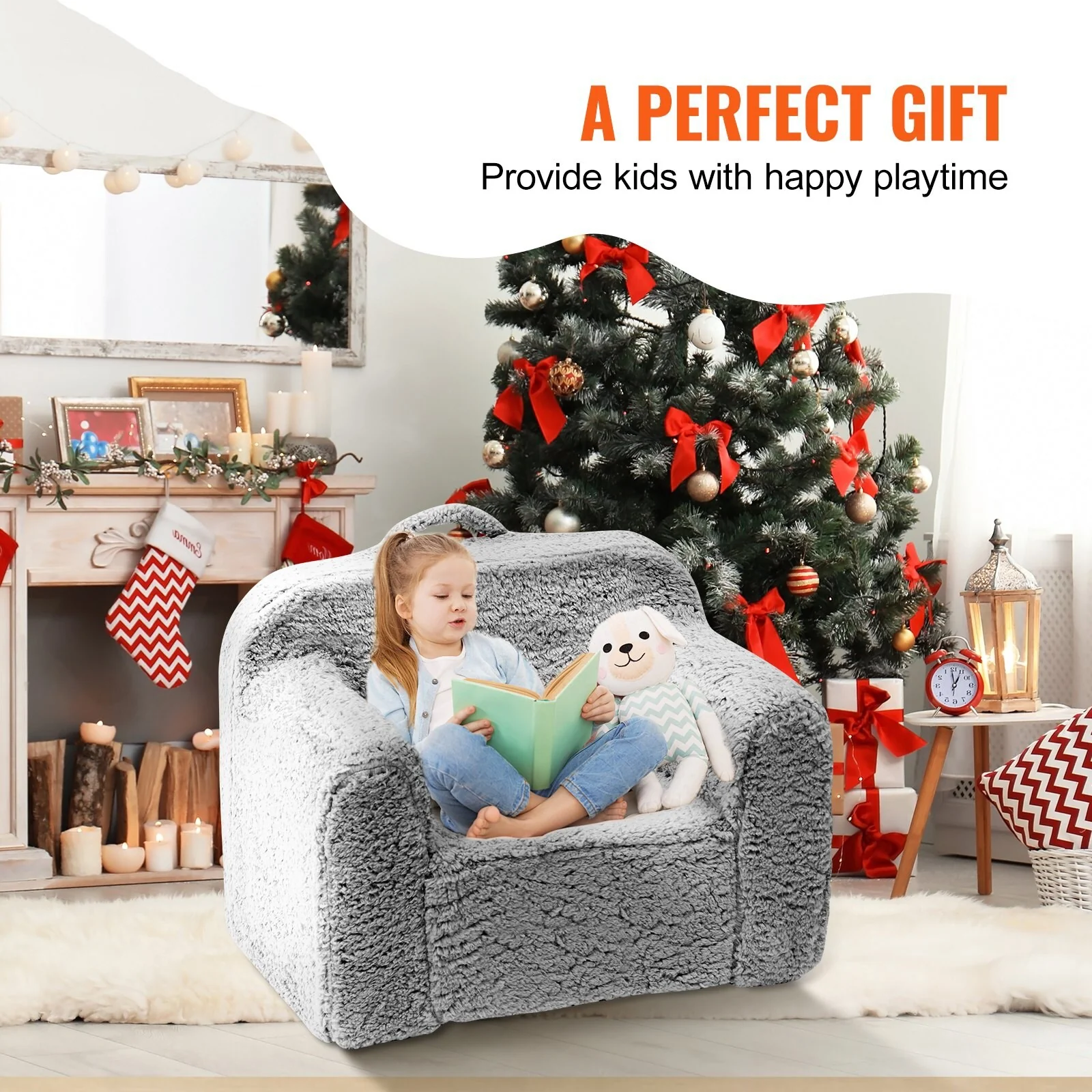 Grey Fleece Sponge Kids Sofa Chair with Strong Support and Zippers - 25” L x 18.11” W x 20.47” H