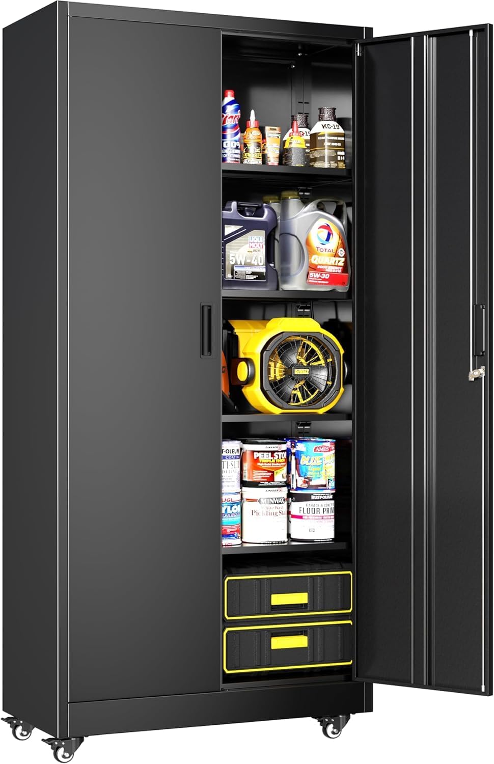 Greenvelly 73 Metal Storage Cabinet with Wheels, Black Garage Storage Cabinet with 4 Adjustable Shelves and Locking Doors, Garage Rolling Storage Cabinet for Warehouse, Garage, Home Office, School