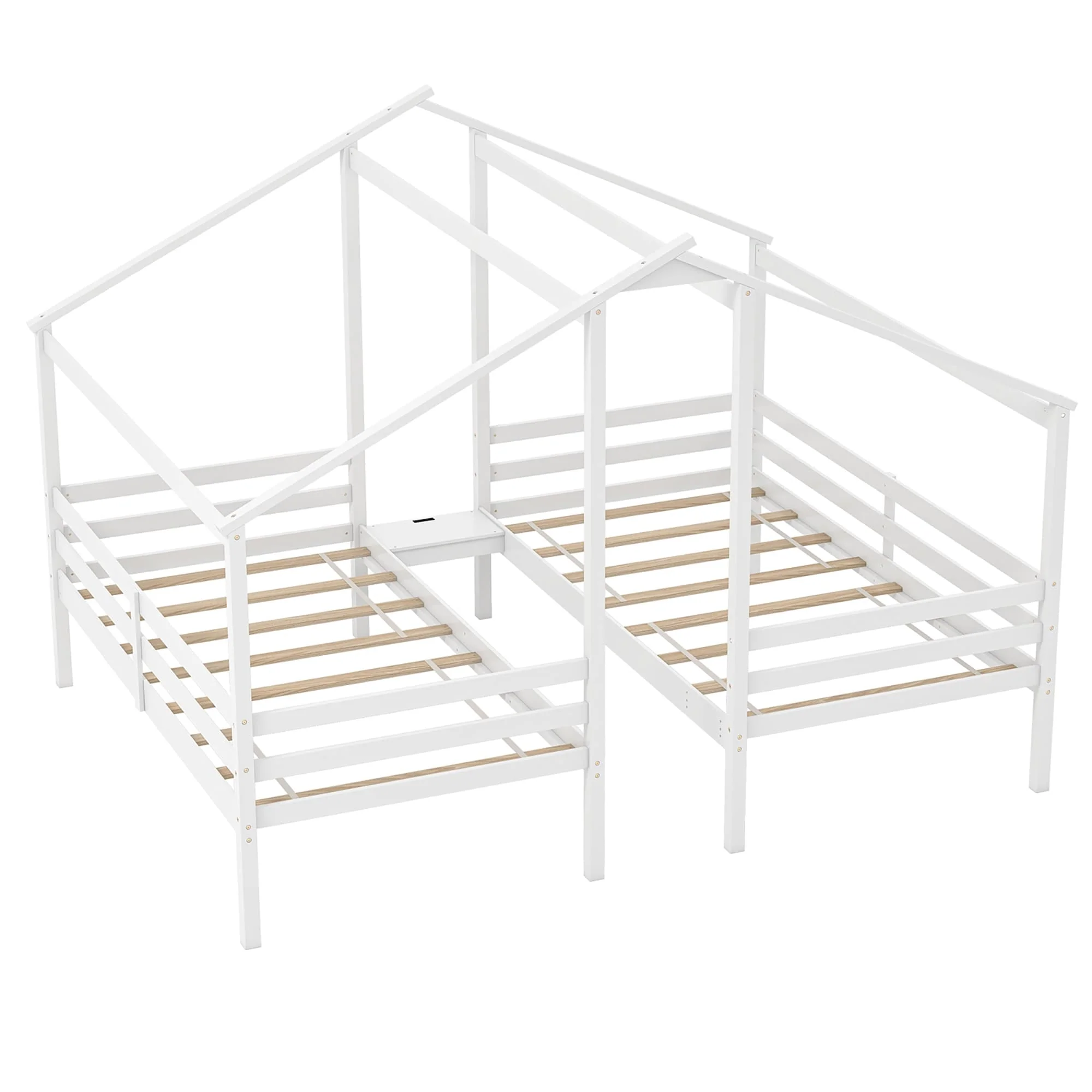 Gymax Double Twin Size Bed Frames for Kids with Built-in Table & USB