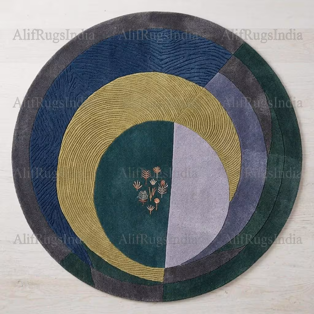 Round Textured Ring Rug | Hand Tufted Wool Carpet | Navy Green Mustard Concentric Circle Design | Botanical Accent Statement Rug