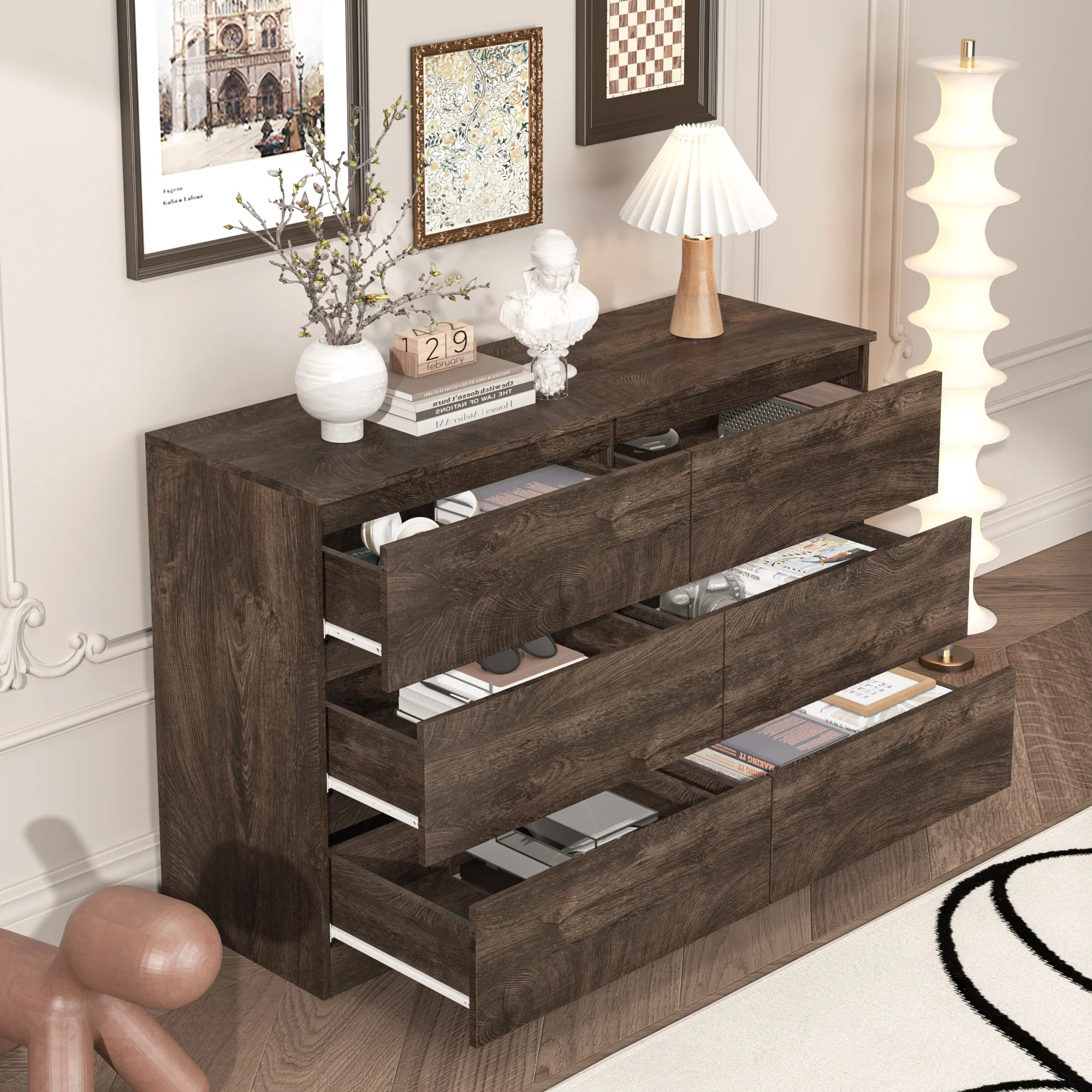 American Style 6-Drawer Double Dresser with Handleless Design and Textured for Bedroom, Living Room