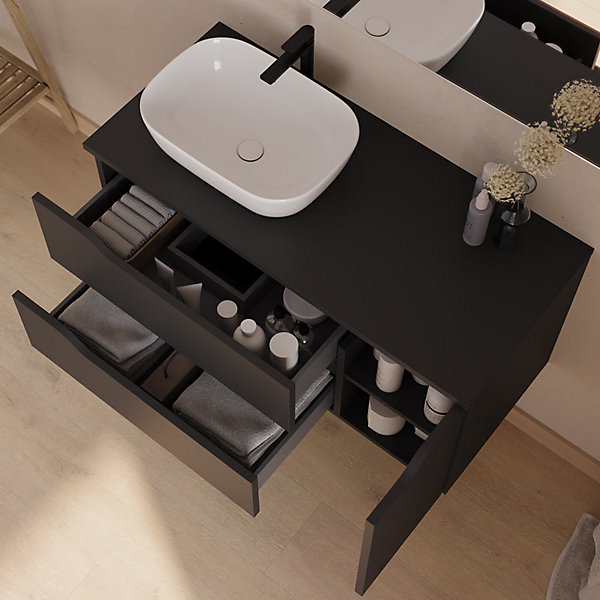 Meuble de salle de bain 100cm avec plateau et vasque à poser à gauche Zeus - sans miroir - 2 tiroirs et 1 placard - noir - ZARZA