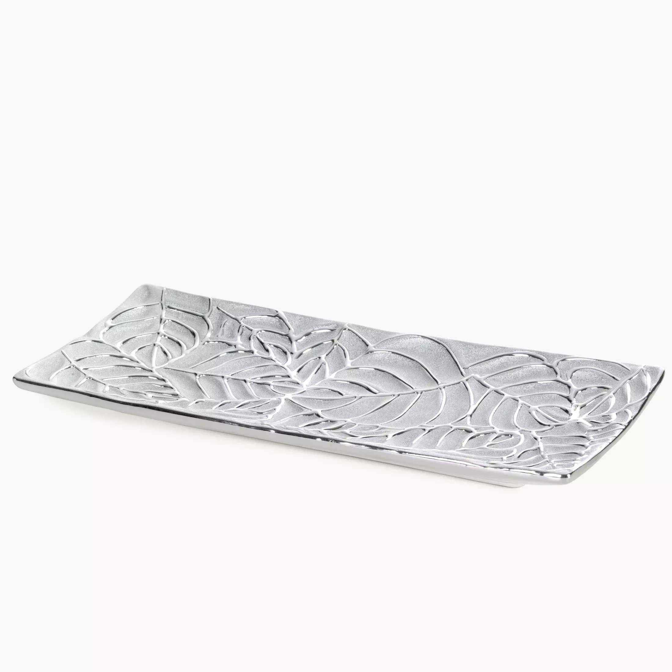 Patera ceramiczna dekoracyjna srebrnaz tłoczonym wzorem liści 31x13x 3 cm MIRIAM