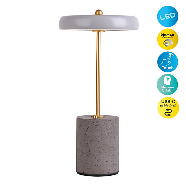 Lampe de table à accu 'SETA' grise 30 cm de haut en métal et béton, avec LED fixe