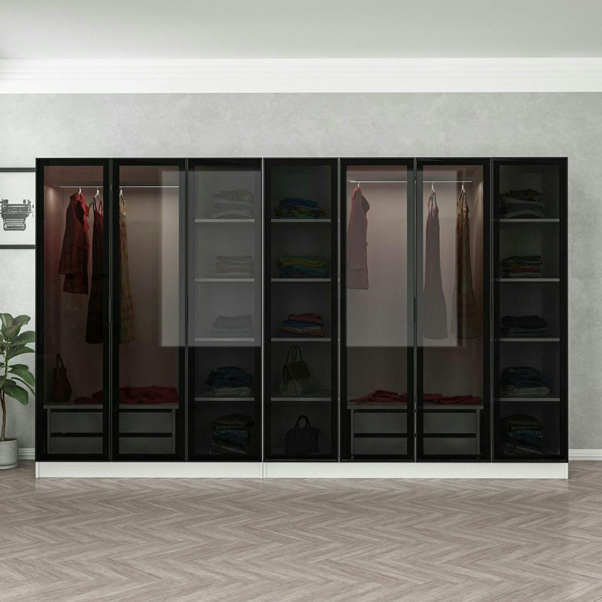 Dressing design 7 portes en verre noir et cadre blanc BYRON