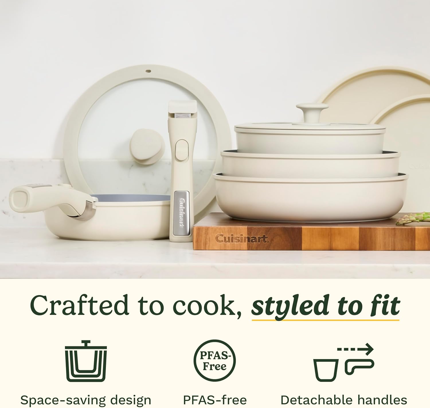 Cuisinart 13-Pc ClickSmart Nonstick Detachable Handle Ceramic Cookware, Pots and Pans Set, Stackable Space-Saving Design, Compatible with All Stovetops, Induction & Oven Safe, PURELYCERAMIC