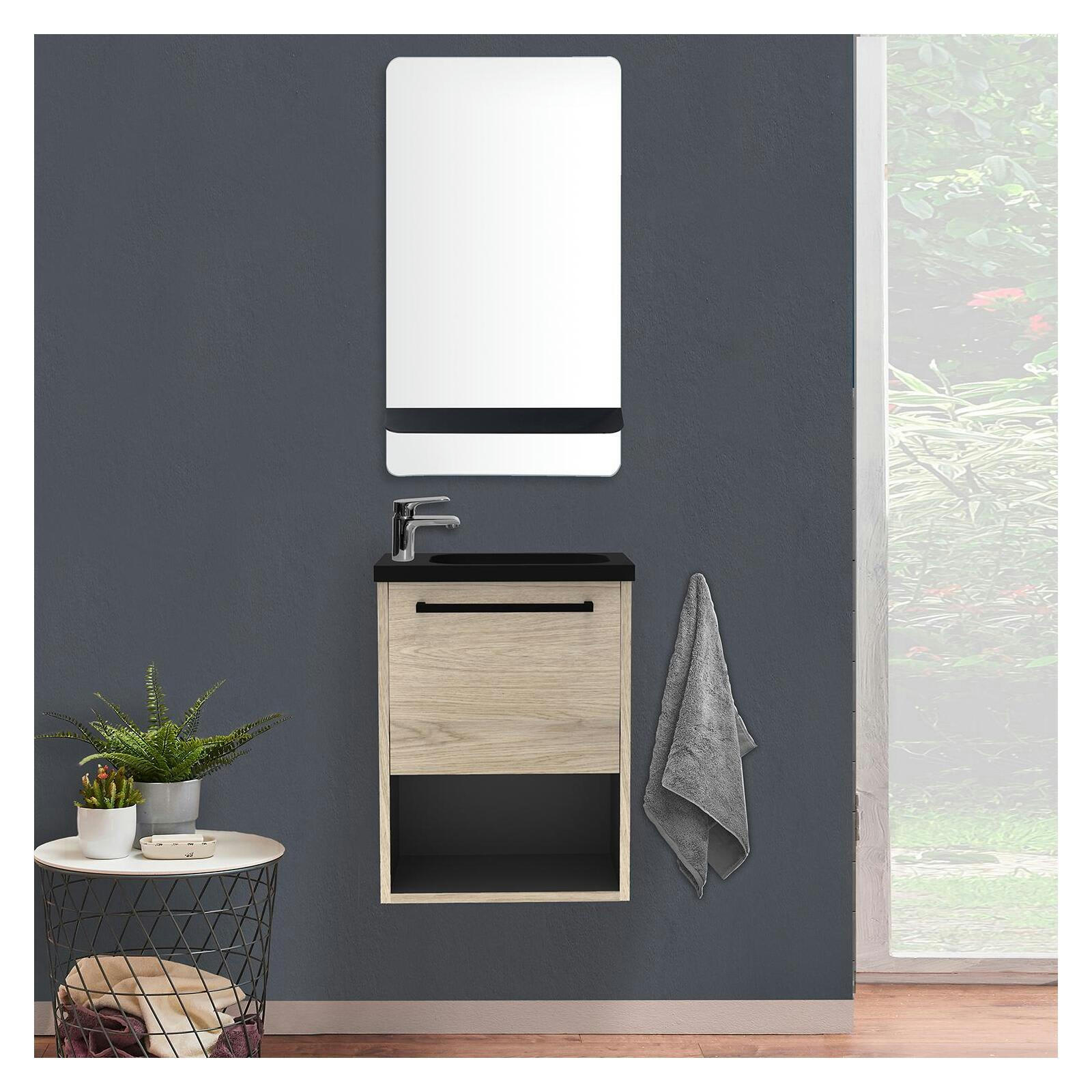 NIKA - Meuble lave-mains  Décor chêne intérieur noir + robinet + miroir