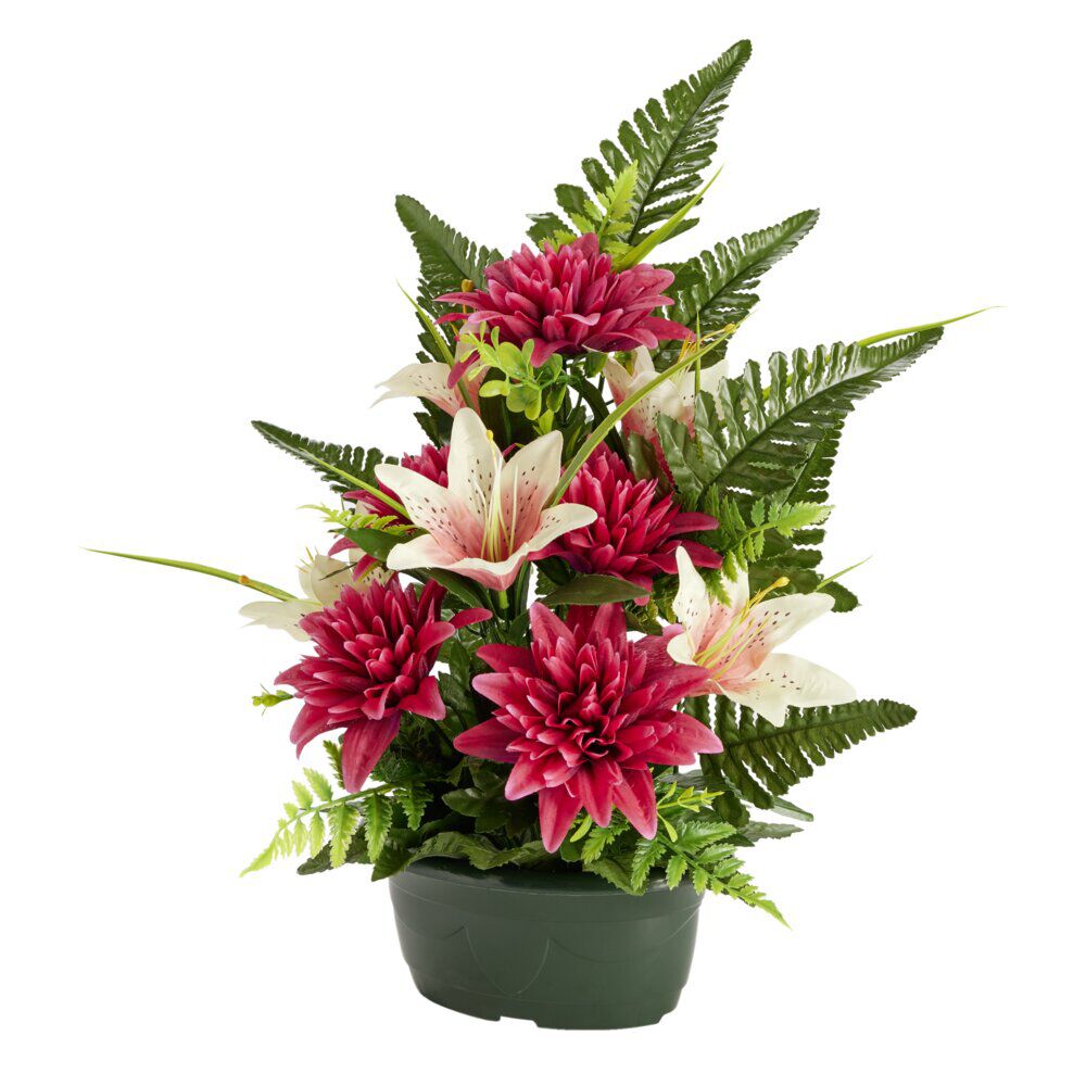 Composition florale artificielle dahlias et lys rouges jardinière L37xH45cm