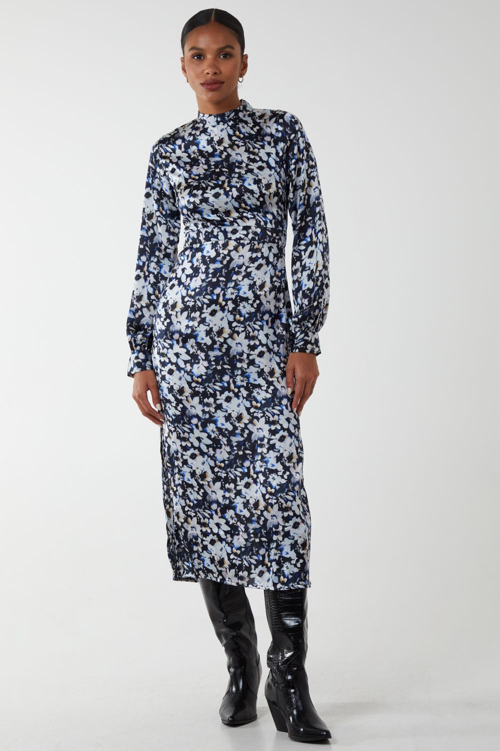 Blue Vanilla Floral Print High Neck Dress