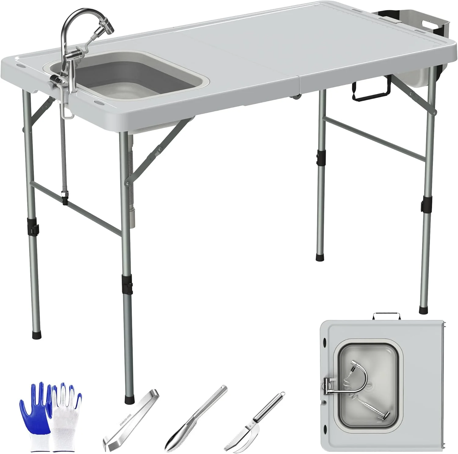Foldable Fish Cleaning Table, Portable Camping Table with Sink, Measuring Marks, Faucet  Spray Gun for Camping, Garden, Kitchen, RV  Beach