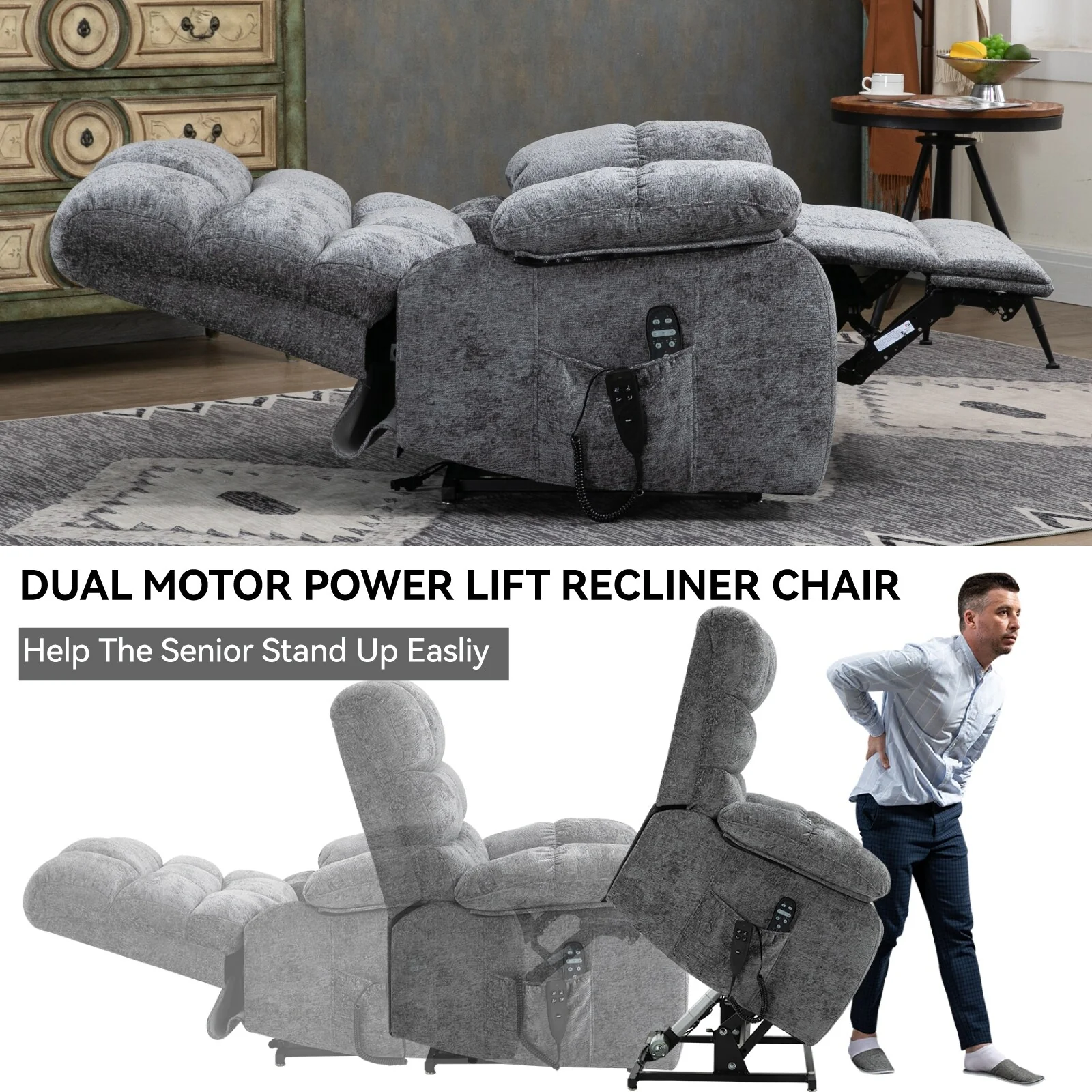 Grey Chenille Upholstered Power Lift Massage Recliner with 8-Point Vibration Massage, Lumbar Heating, 180° Flat Lay