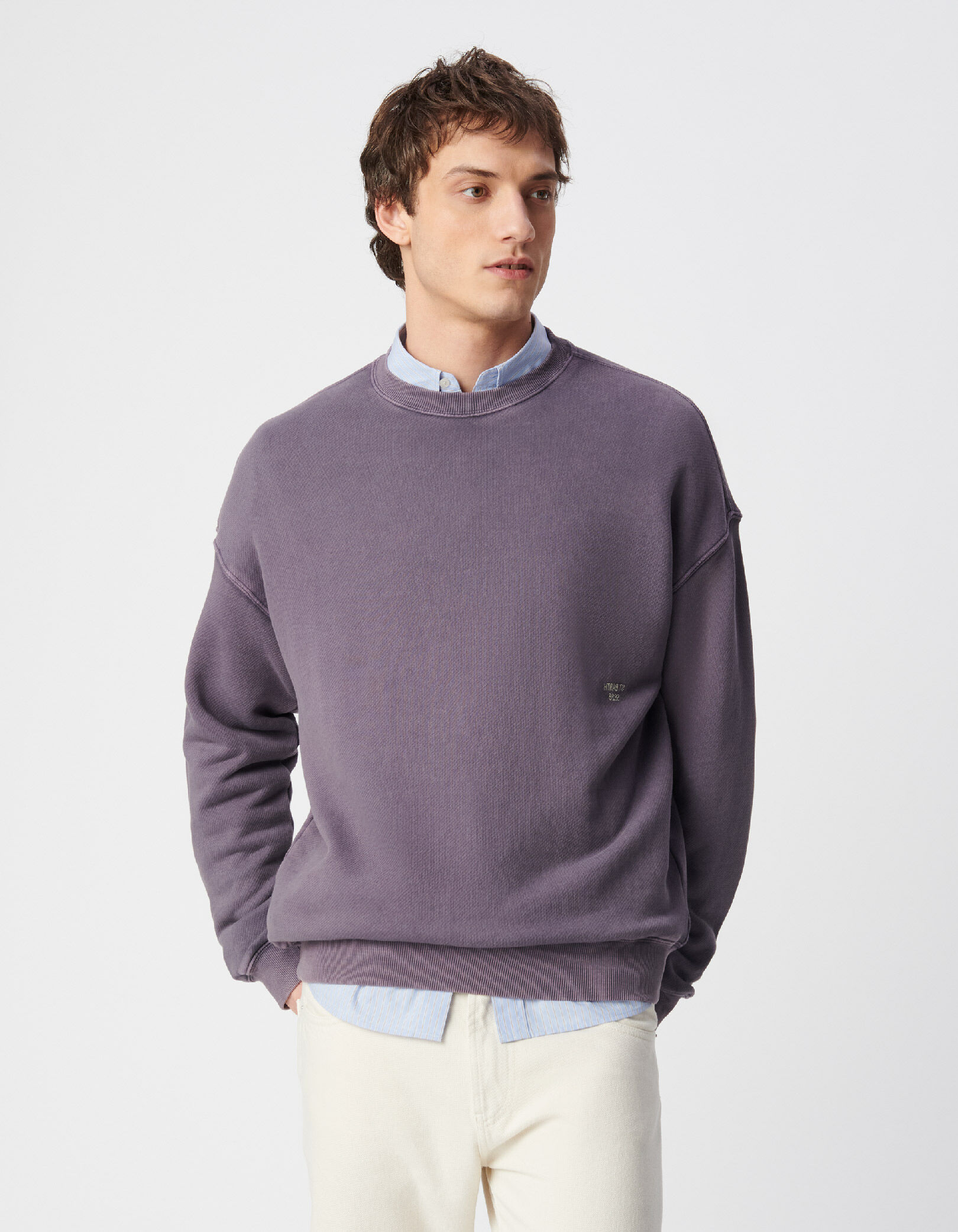 Sweat parme molleton délavé broderie Homme