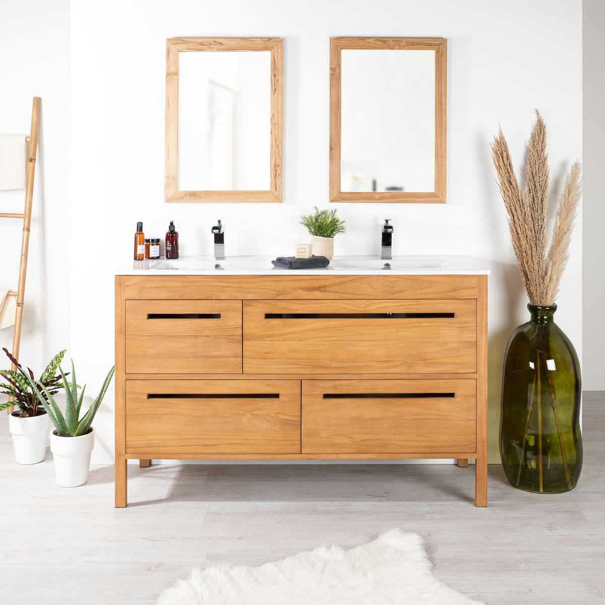 - Meuble salle de bain en teck massif et céramique L 140 cm