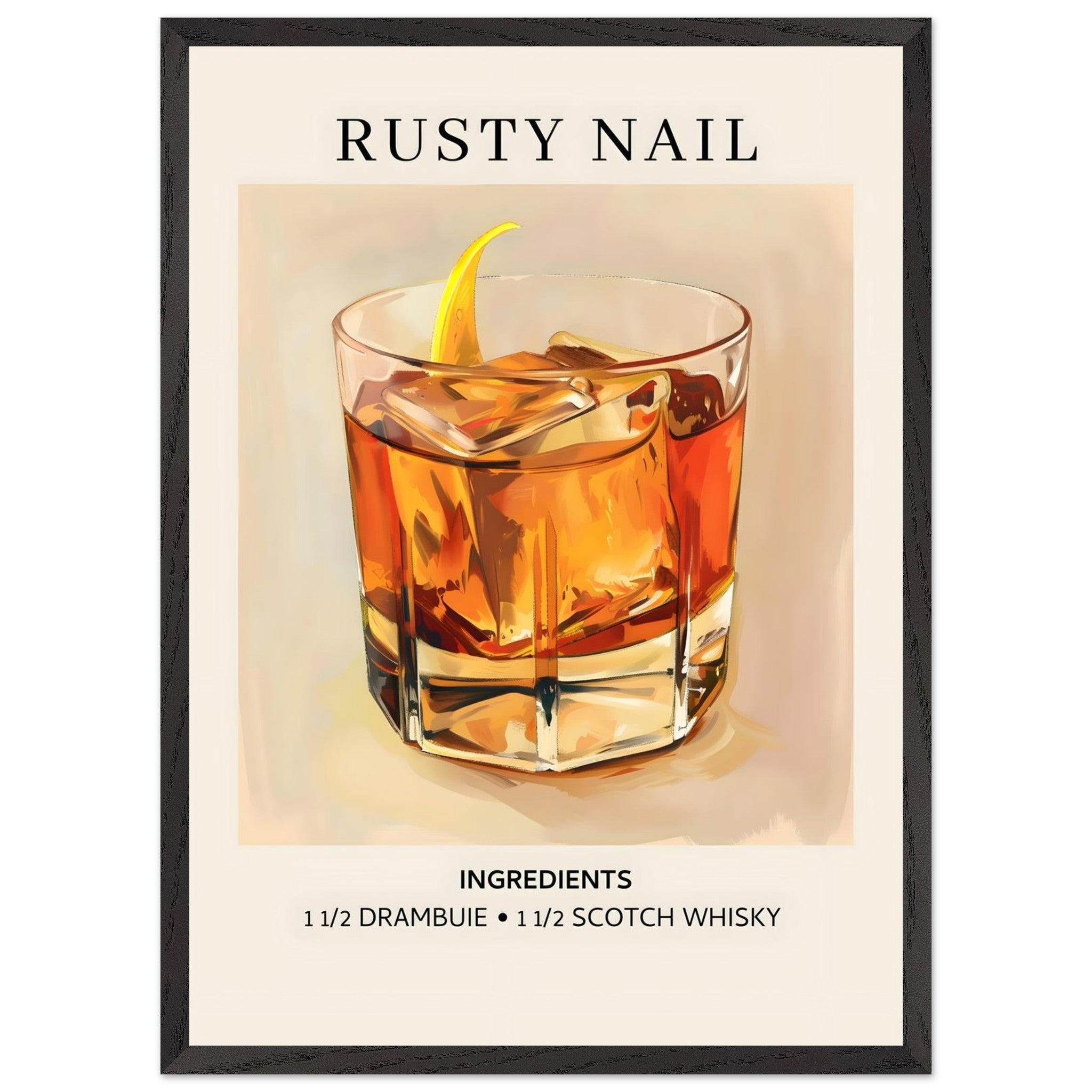 Artfulprints Poster met Lijst Rusty Nail cocktail - Ingredients  - 50x70 cm - Bruin