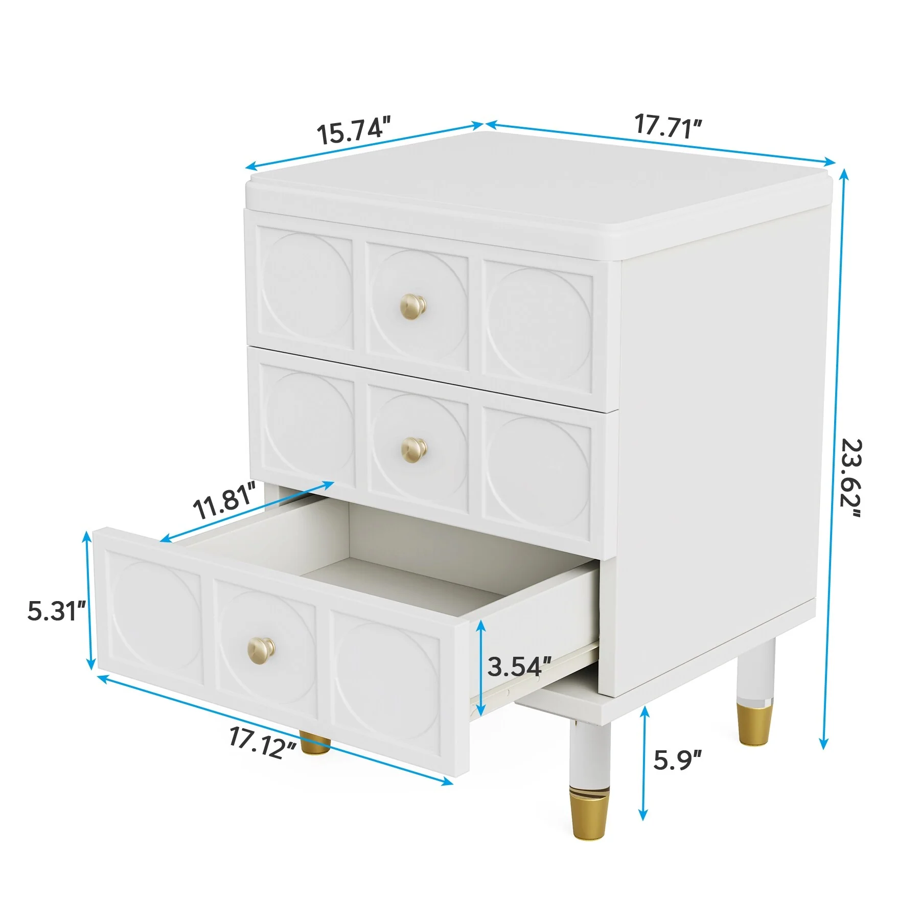 3-Drawer Nightstand Bedside Table,Bedroom Tall Night Stands with White and Gold finish Sofa End Table with Storage