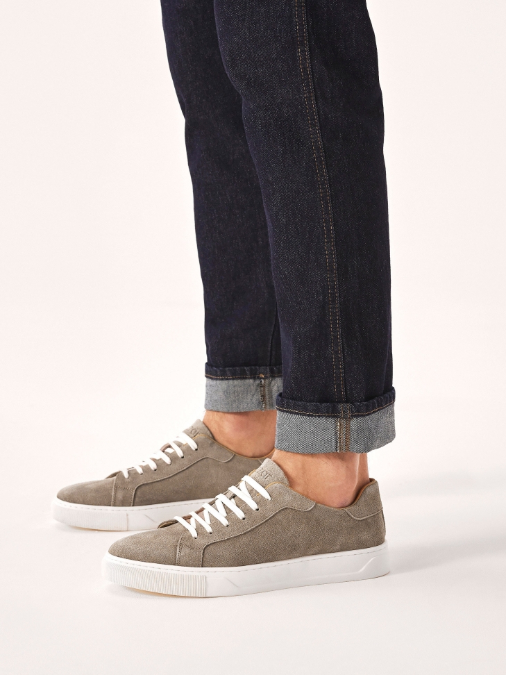Minimalist suede sneakers in taupe color