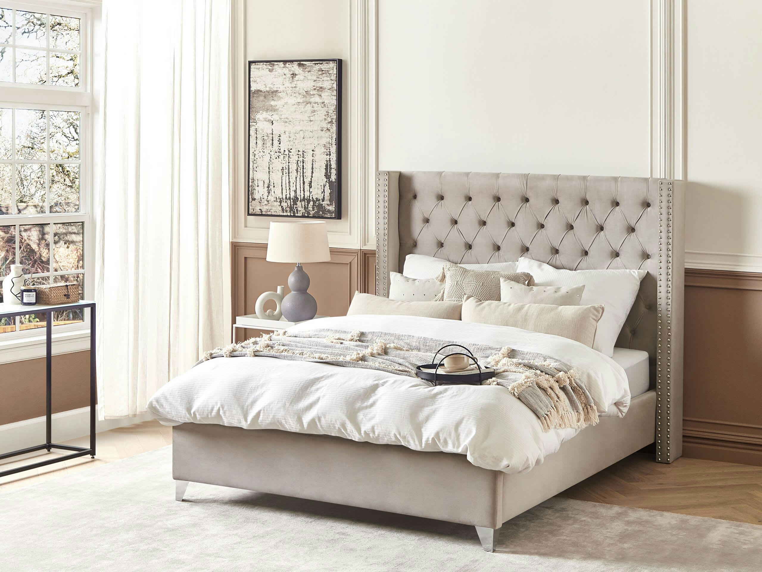 LUBBON - Lit double en tissu gris 140x200