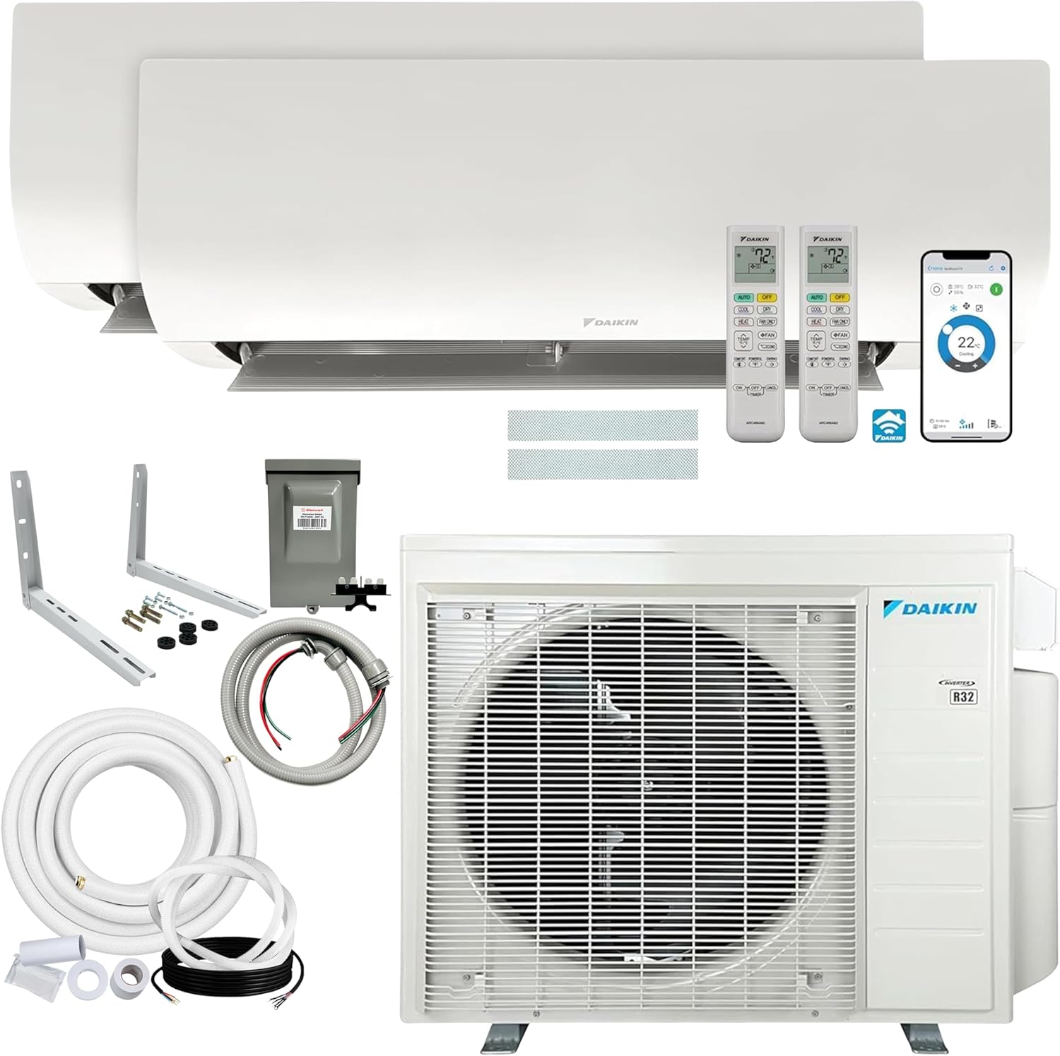 Daikin 18,000 BTU (9K + 12K) 21SEER2 2-Zone Mini Split Air Conditioner Heat Pump R-32 System with Maxwell 15 ft. Installation Kit and Wall Mounting Bracket
