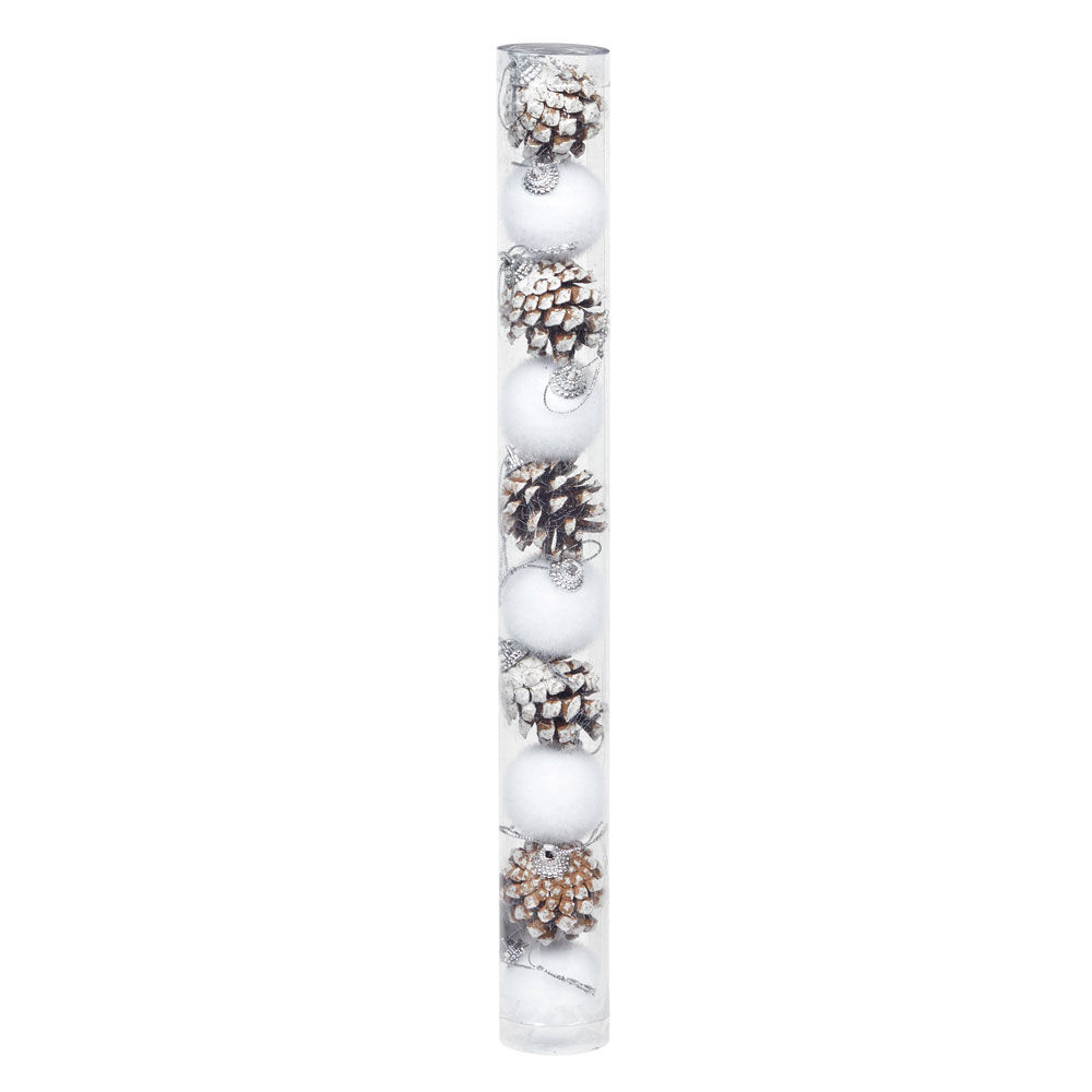 Suspension boule de No&euml;l blanche et pomme de pin argentée x10