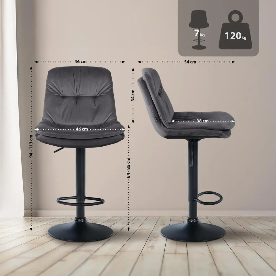 CLP Barkruk Laurel zwart Frame - Fluweel - donkergrijs