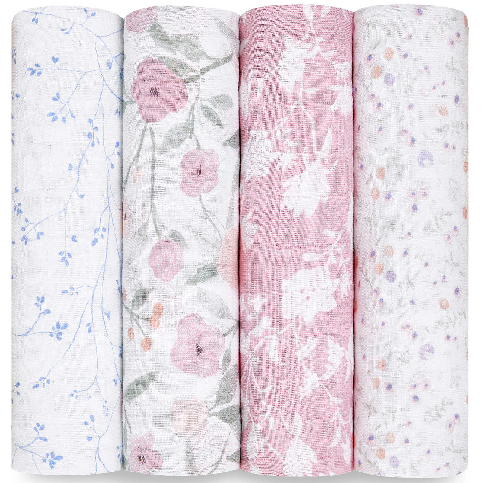 MA FLEUR - Lot de 4 maxi-langes bébé en mousseline de coton rose 120x120 cm