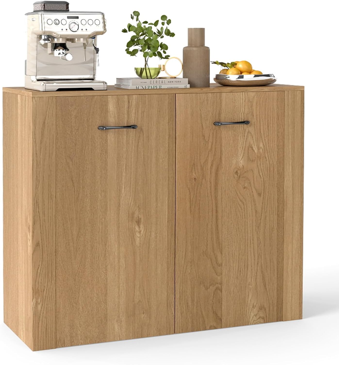 Giantex Modern Storage Cabinet, 38 Credenza with 2 Doors and 4 Cubic Shelves, Anti-Tipping Device, Sturdy Metal Hings, Wooden Sideboard Cabinet for Living Room, Kitchen, Entryway, Natural
