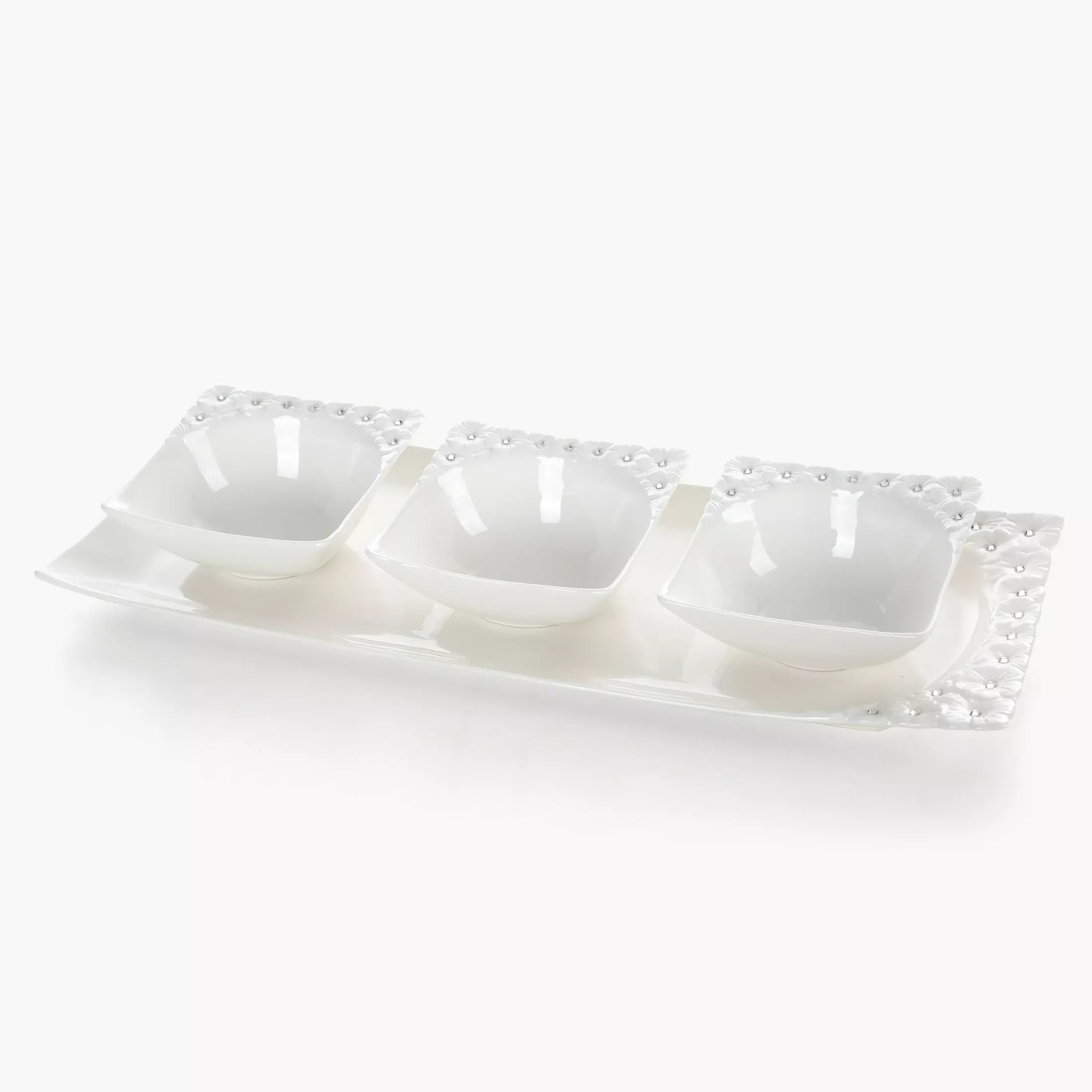 Komplet patera   3 miseczki dekoracyjna biała zdobiona w drobne kwiaty z błyszczącym wykończeniem 40x16x5 cm ELISA