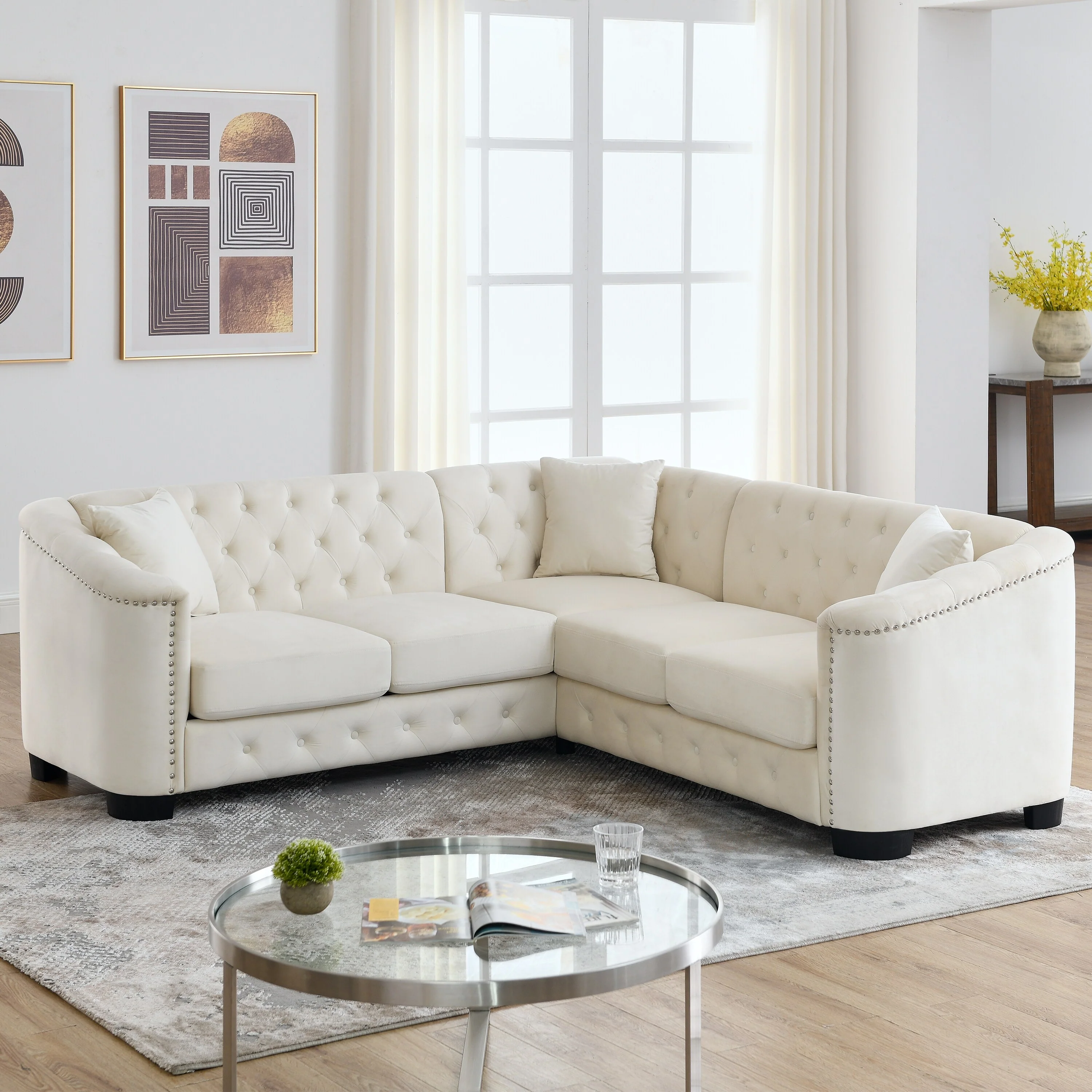 82'' Velvet Chesterfield L-Shaped Sofa, 5-Seater with Removable Cushions, Nailhead Trim, and Solid Wood Frame
