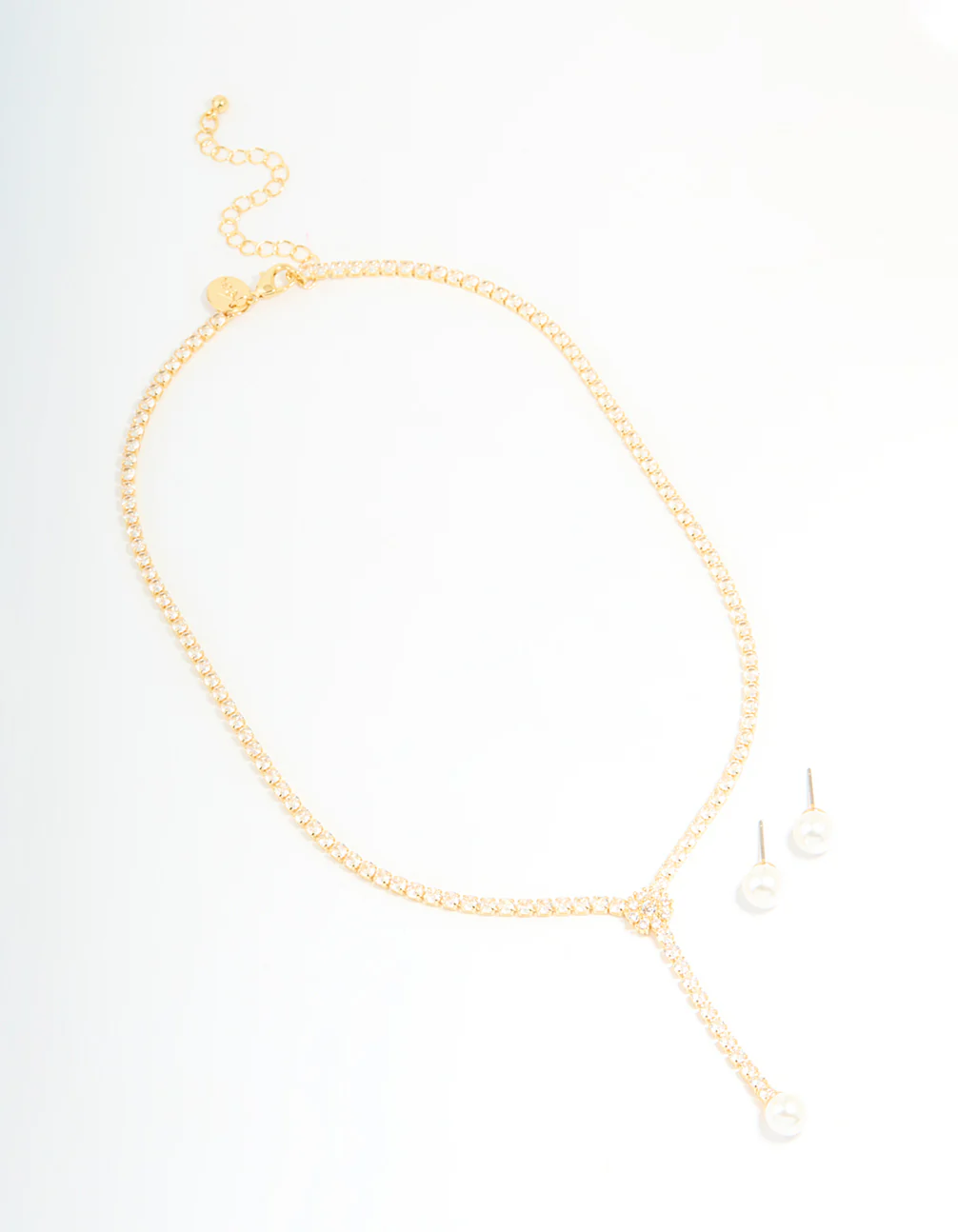 Gold Plated Pearl Flower Cubic Zirconia Y-Necklace & Earrings Set