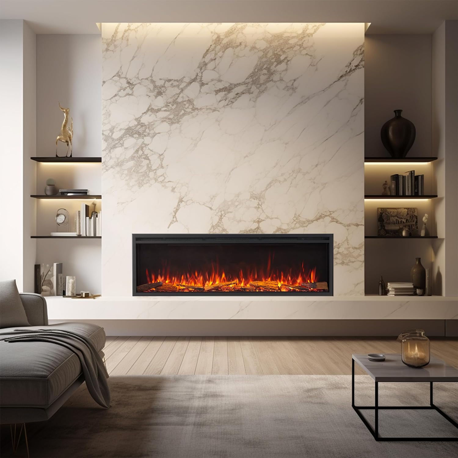 LegendFlame 60 W Smart Wall Mount & in Wall Recessed Electric Fireplace Insert, Heater 750W/1500W, Multi Colors of Flame & Fuel Bed, Alexa/Google Assistant Enabled