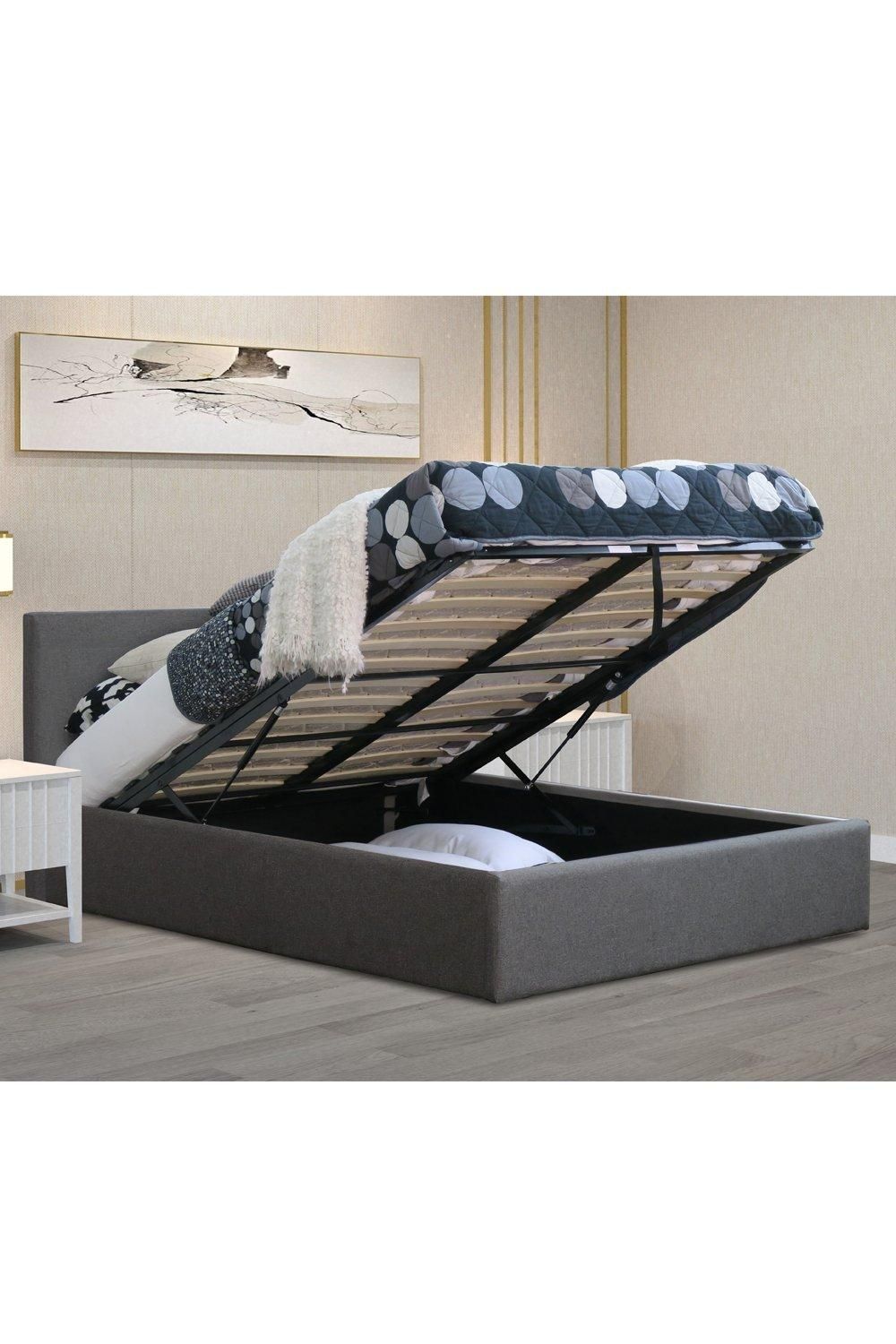 Modernique Fabric Ottoman Storage Bed with High Headboard, Gas Lift Up Base