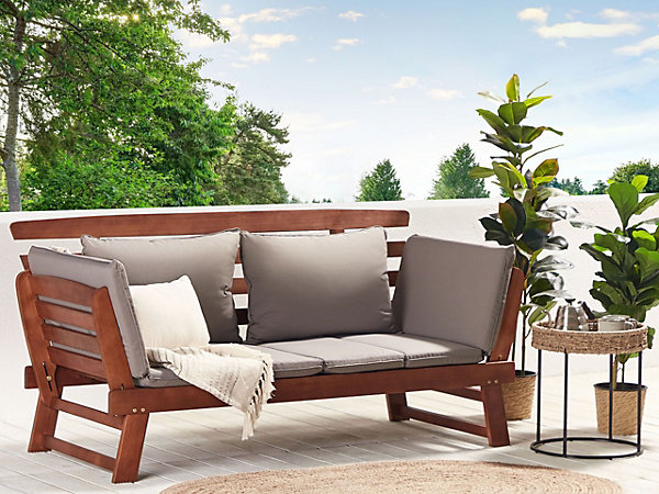 Banc avec coussin d'assise PORTICI 210 cm Bois d'eucalyptus Marron foncé/taupe