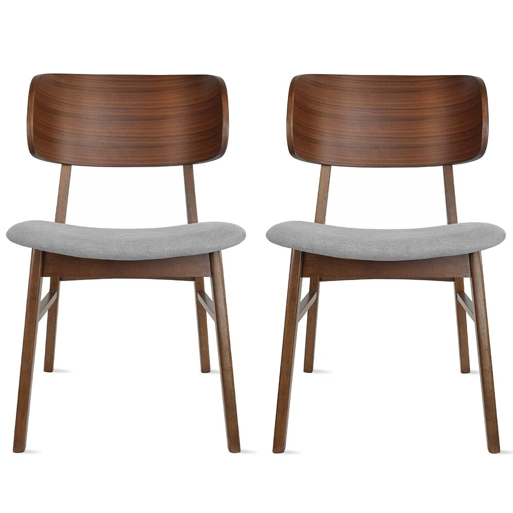 Set of 2 Retro Brown Wood Leg Dining Room Chair With Curved Back Fabric Cushions Upholstered Seat