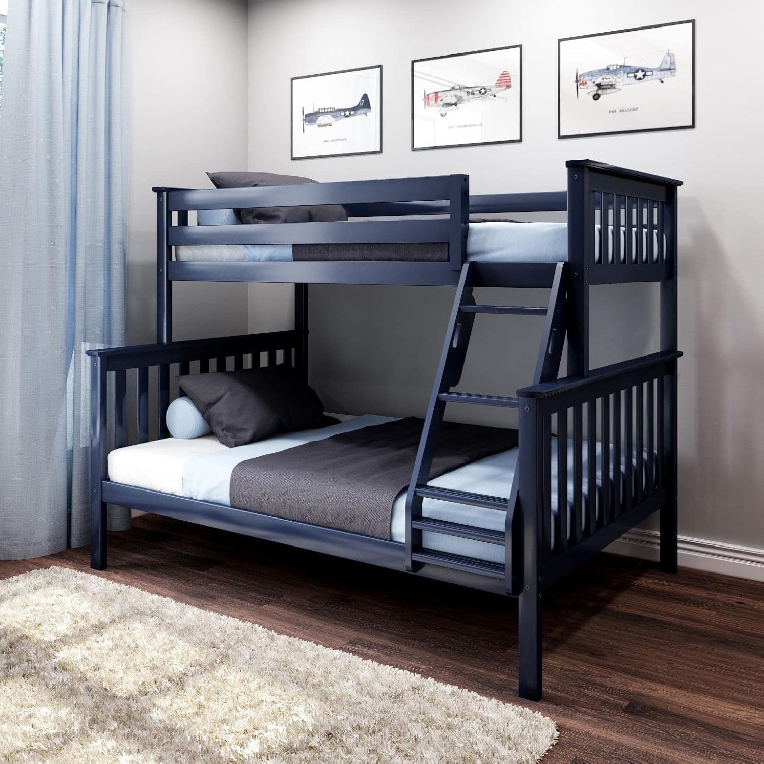 Max & Lily Bunk Bed Twin Over Full Size with Ladder, Solid Wood Platform Bed Frame with Ladder for Kids, 14 Safety Guardrails, Easy Assembly, No Box Spring Needed, Blue